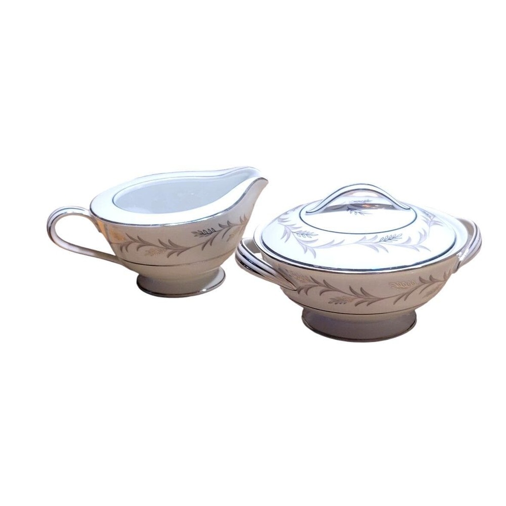 Noritake China Sugar Bowl and Creamer Set Glendon Pattern Silver Leaf Design